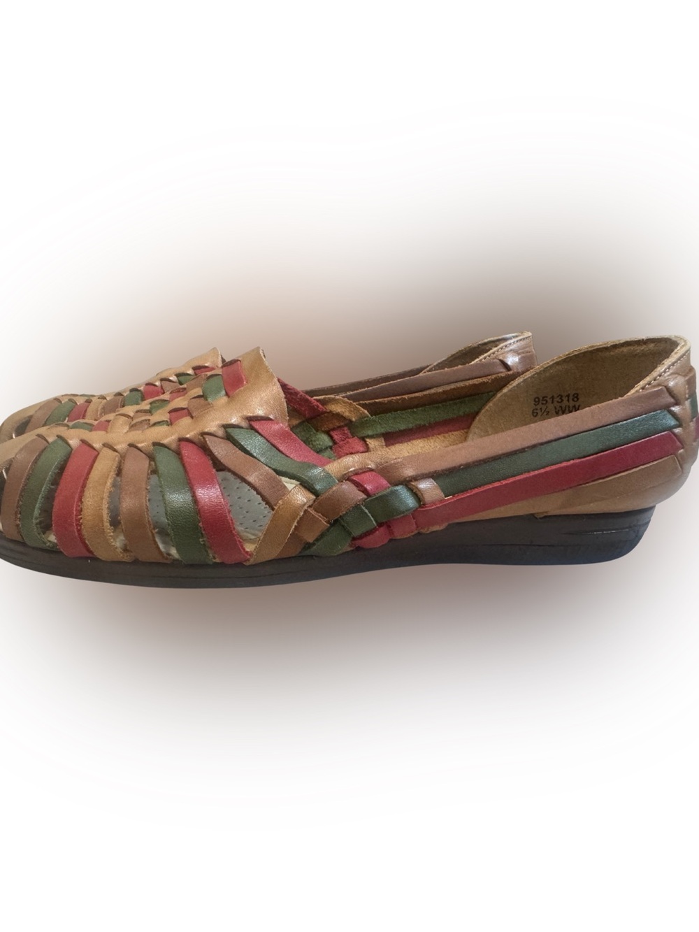 Softspots Multi-Color Woven Leather Slip-On Flats - Tan, Green & Red 6.5 Wide